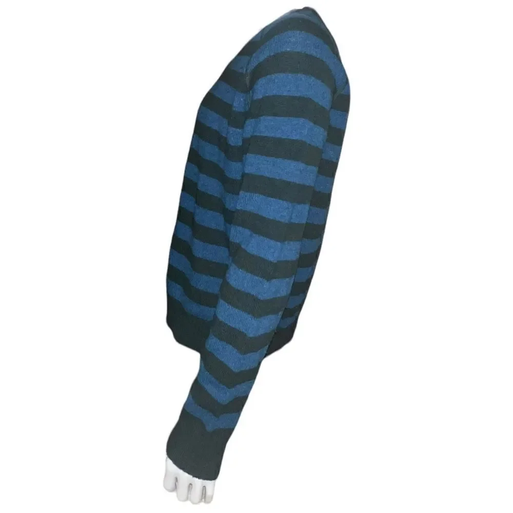 J. Crew Mens Lambs Wool Sweater Blue Green Striped Tight Knit Large EUC